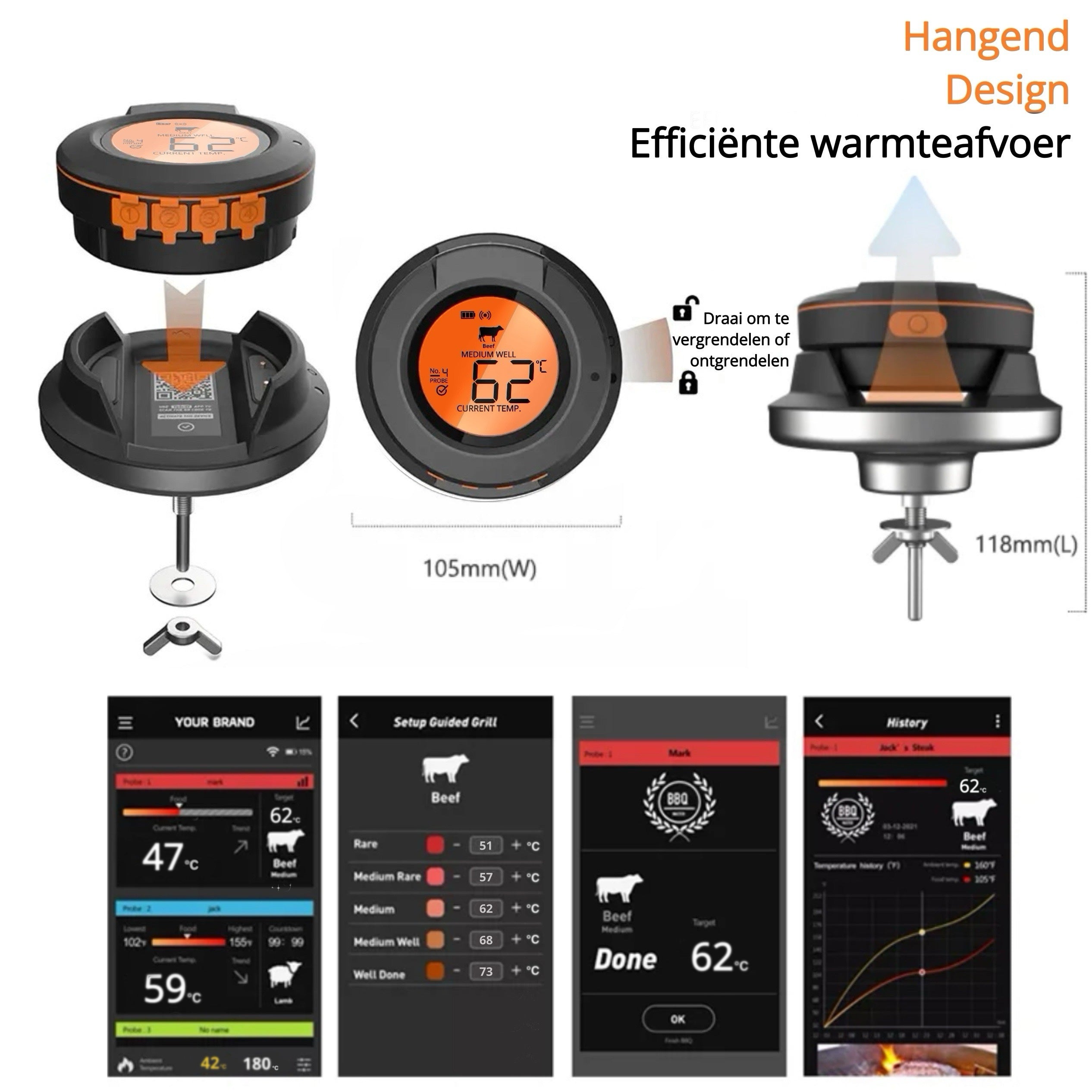 Details van de Dome BBQ Vleesthermometer - BBQ thermometer met app